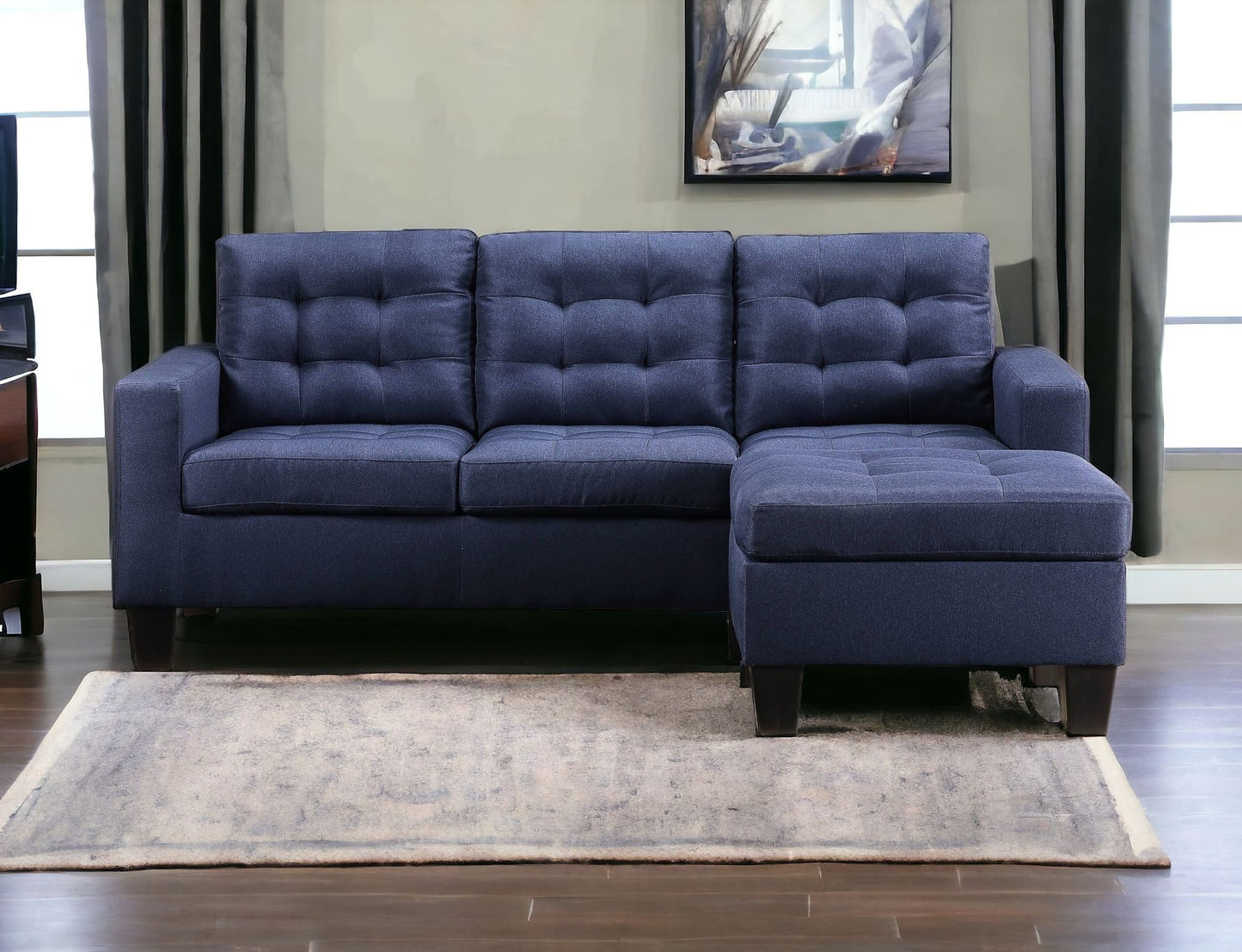 81" Blue Linen And Black Sofa