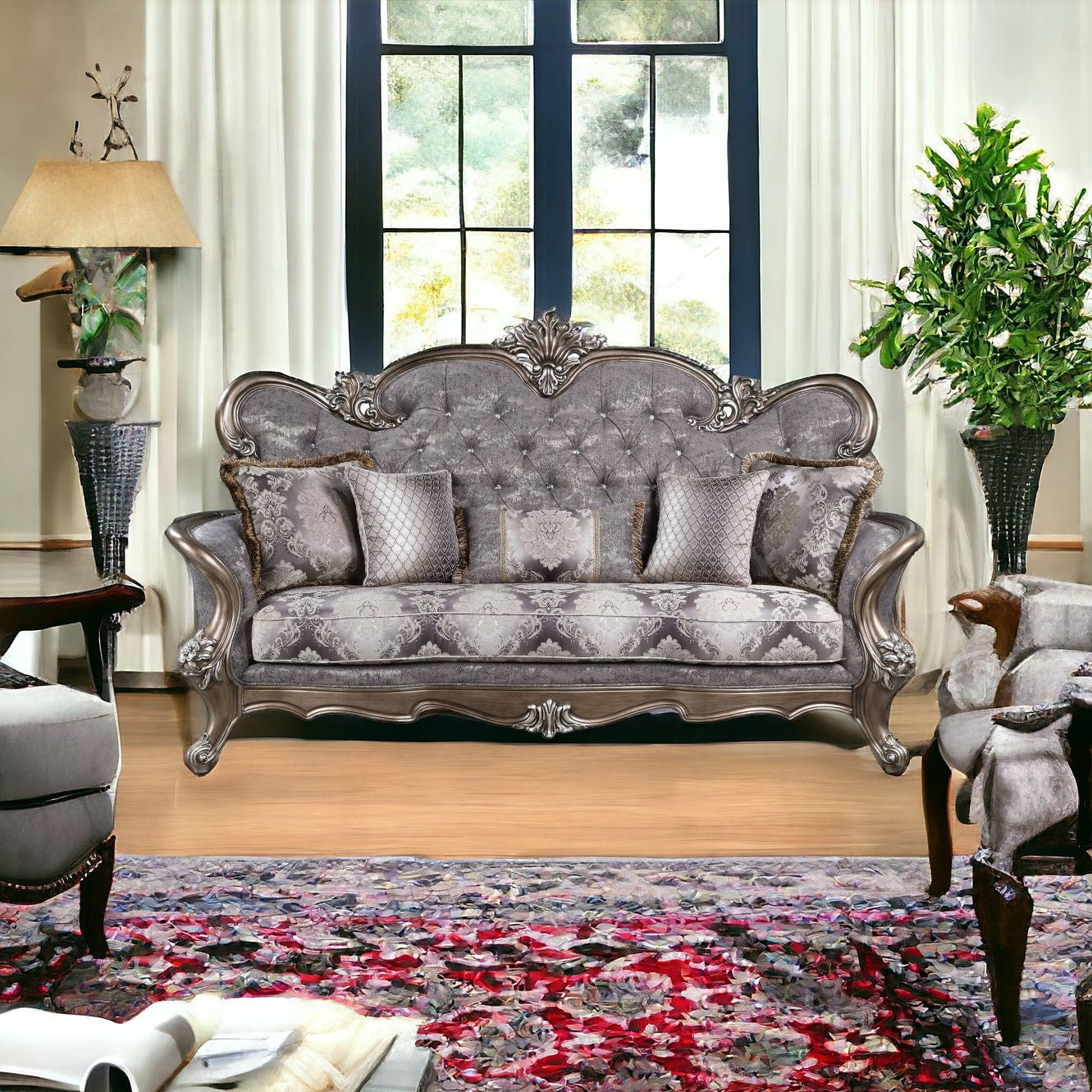 90" Fabric And Bronze Cotton Blend Damask Sofa And Toss Pillows