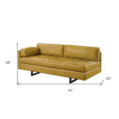 74" Turmeric Top Grain Leather And Black Sofa