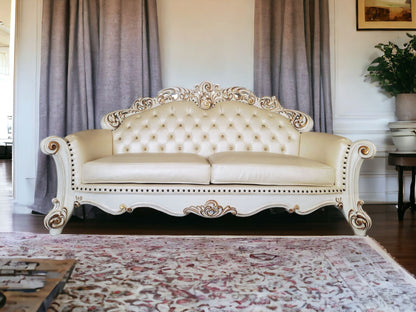 96" Champagne Faux Leather And Pearl Sofa With Five Toss Pillows