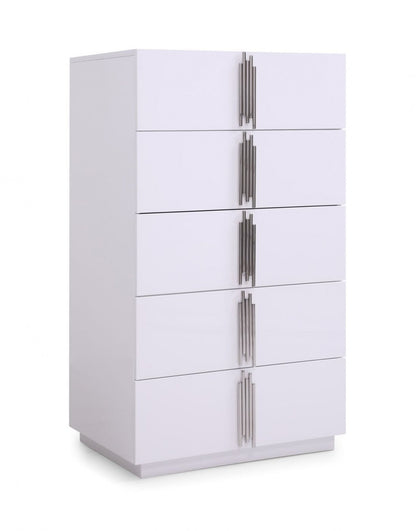30" White Silver Manufactured Wood + Solid Wood Stainless Steel Five Drawer Chest