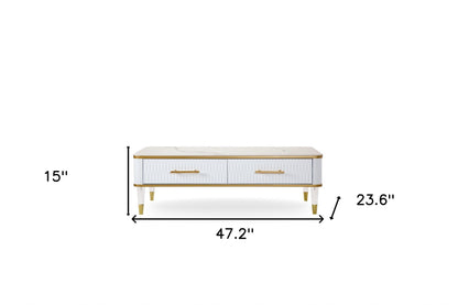 47" White Gold and Faux Stone Rectangular Coffee Table With Drawer