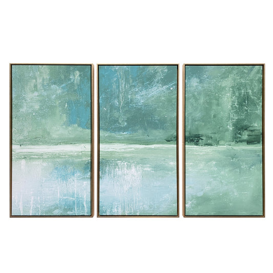 Set Of Three Blue Green Abstract Water with Gold Floater Frame Painting Wall Art