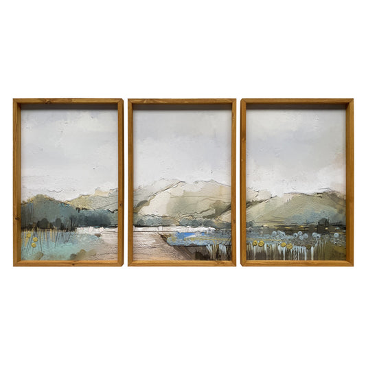 Set Of Three Rolling Hills Landscape Brown Framed Painting Wall Art
