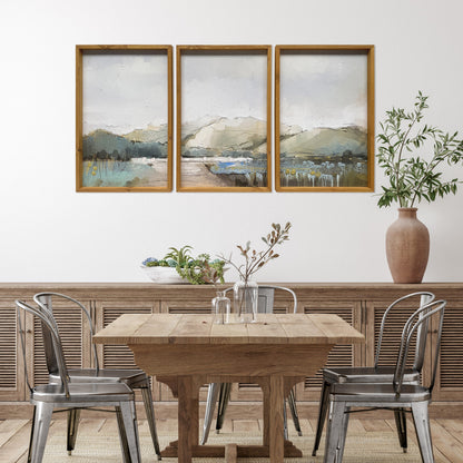 Set Of Three Rolling Hills Landscape Brown Framed Painting Wall Art