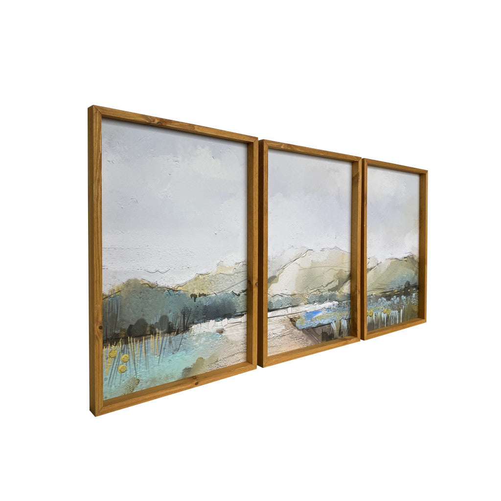 Set Of Three Rolling Hills Landscape Brown Framed Painting Wall Art