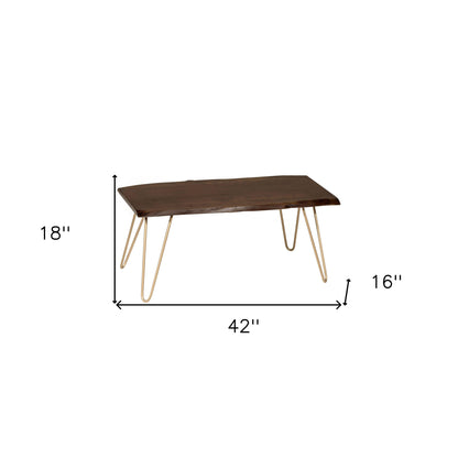 42" Gold And Rustic Brown Solid Wood Live Edge Rectangular Coffee Table