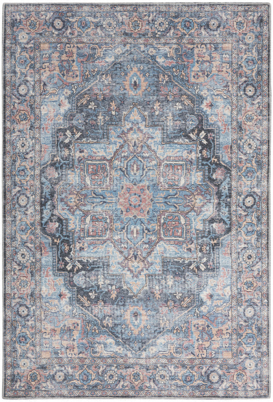 6' X 9' Light Blue And Orange Medallion Distressed Washable Area Rug