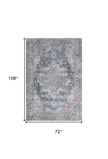 6' X 9' Light Blue And Orange Medallion Distressed Washable Area Rug