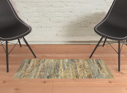 2' X 3' Gold Grey Tan Blue Green And Brown Abstract Power Loom Stain Resistant Area Rug