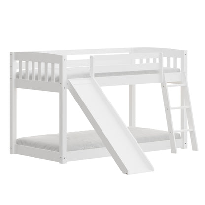 White Twin over Twin Solid Wood Bunk Bed With Slide and Ladder