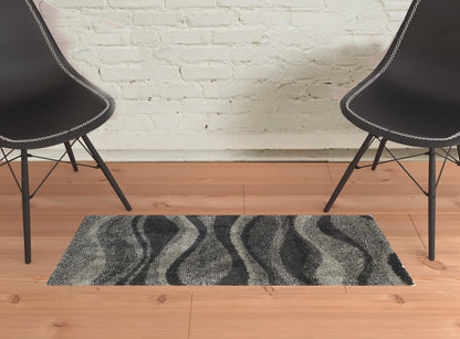 2' X 3' Charcoal Silver And Grey Abstract Shag Power Loom Stain Resistant Area Rug