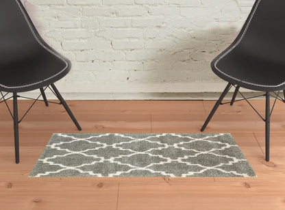 2' X 3' Grey And Ivory Geometric Shag Power Loom Stain Resistant Area Rug