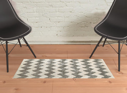 2' X 3' Grey And Ivory Geometric Shag Power Loom Stain Resistant Area Rug