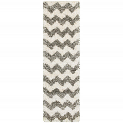 2' X 8' Grey And Ivory Geometric Shag Power Loom Stain Resistant Runner Rug