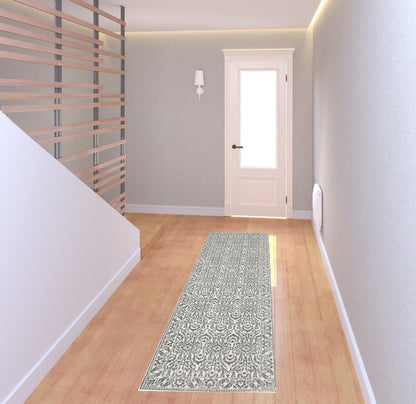 2' X 8' Grey And White Floral Power Loom Stain Resistant Runner Rug