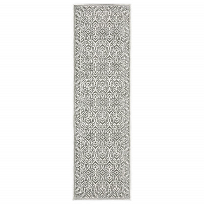 2' X 8' Grey And White Floral Power Loom Stain Resistant Runner Rug