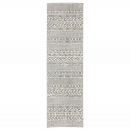 2' X 8' White And Grey Geometric Power Loom Stain Resistant Runner Rug