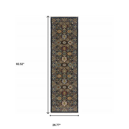 2' X 8' Blue And Beige Oriental Power Loom Runner Rug With Fringe