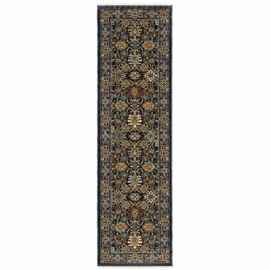 2' X 8' Blue And Beige Oriental Power Loom Runner Rug With Fringe