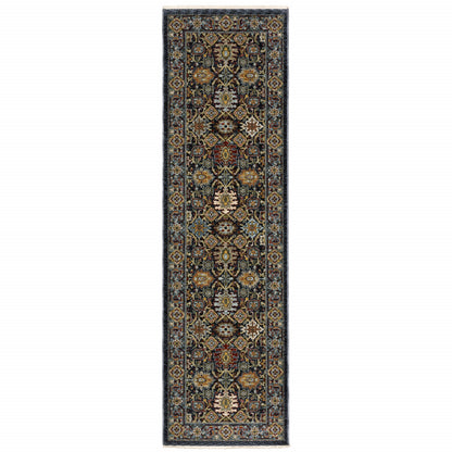 2' X 8' Blue And Beige Oriental Power Loom Runner Rug With Fringe