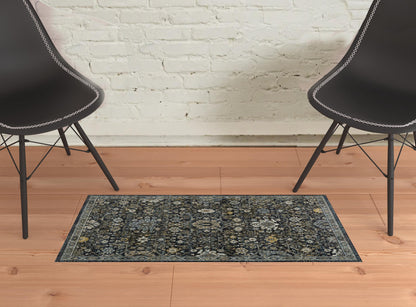 2' X 3' Blue Ivory Grey Gold Green And Brown Oriental Power Loom Stain Resistant Area Rug With Fringe