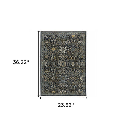 2' X 3' Blue Ivory Grey Gold Green And Brown Oriental Power Loom Stain Resistant Area Rug With Fringe