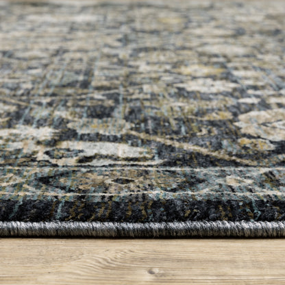 2' X 3' Blue Ivory Grey Gold Green And Brown Oriental Power Loom Stain Resistant Area Rug With Fringe