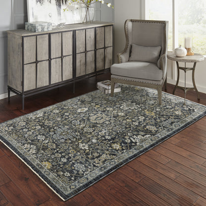 5' X 8' Blue Ivory Grey Gold Green And Brown Oriental Power Loom Stain Resistant Area Rug With Fringe