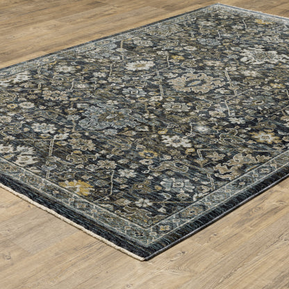 6' X 9' Blue Ivory Grey Gold Green And Brown Oriental Power Loom Stain Resistant Area Rug With Fringe