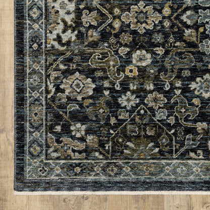 8' X 11' Blue Ivory Grey Gold Green And Brown Oriental Power Loom Stain Resistant Area Rug With Fringe