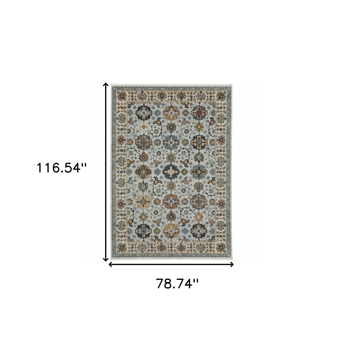 6' X 9' Blue Beige Grey Green Yellow And Rust Oriental Power Loom Stain Resistant Area Rug With Fringe