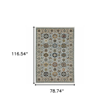 6' X 9' Blue Beige Grey Green Yellow And Rust Oriental Power Loom Stain Resistant Area Rug With Fringe