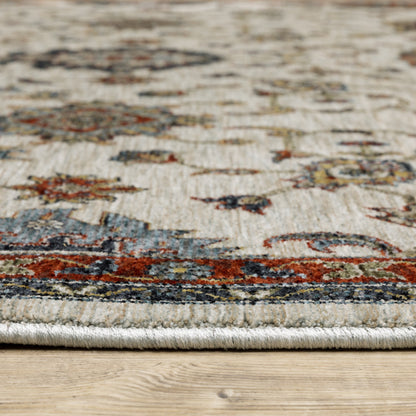 10' X 13' Beige Rust Red Blue Gold And Grey Oriental Power Loom Stain Resistant Area Rug With Fringe