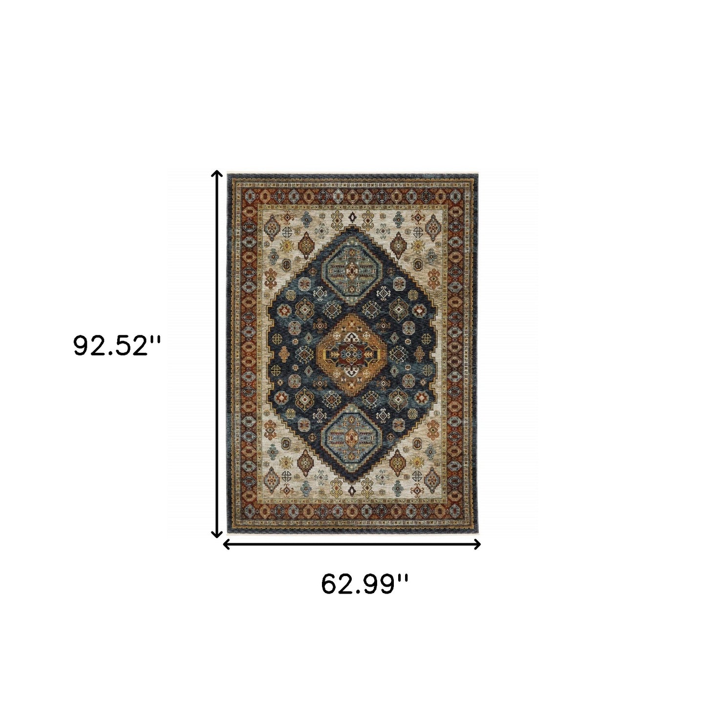 5' X 8' Blue Red Beige Orange Gold And Tan Oriental Power Loom Stain Resistant Area Rug With Fringe