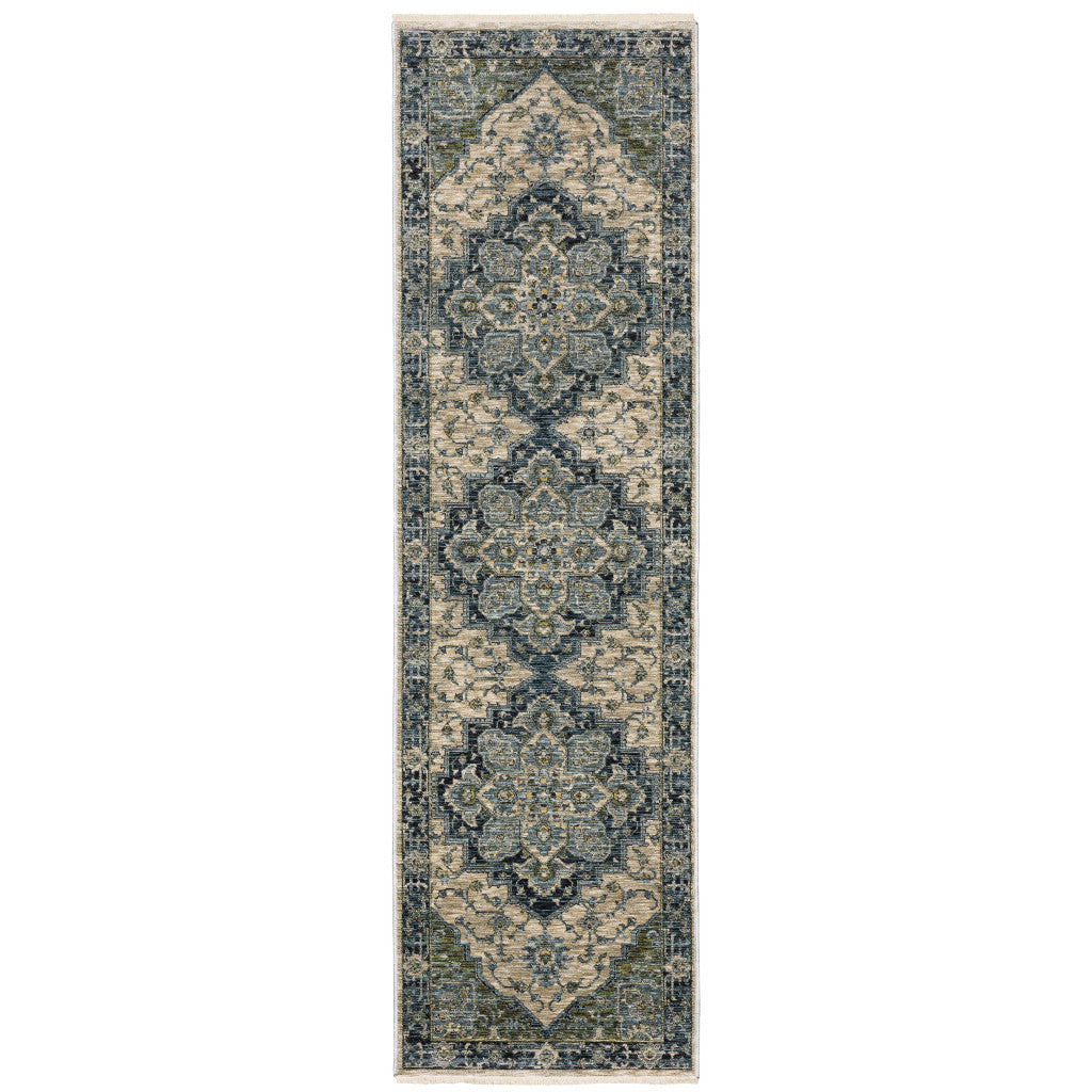 2' X 8' Blue And Beige Oriental Power Loom Runner Rug With Fringe