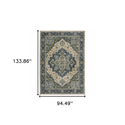 8' X 11' Blue Grey Beige Tan Green And Gold Oriental Power Loom Stain Resistant Area Rug With Fringe
