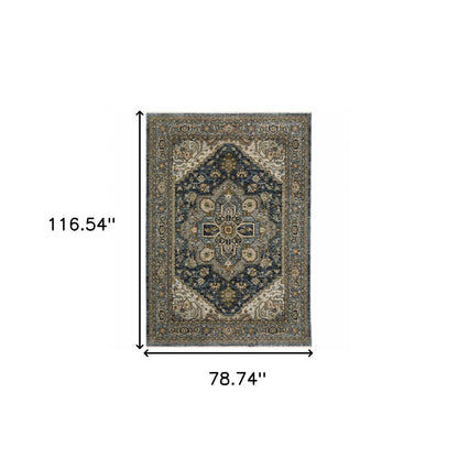 6' X 9' Blue Taupe Grey Green Rust Tan Beige And Gold Oriental Power Loom Stain Resistant Area Rug With Fringe