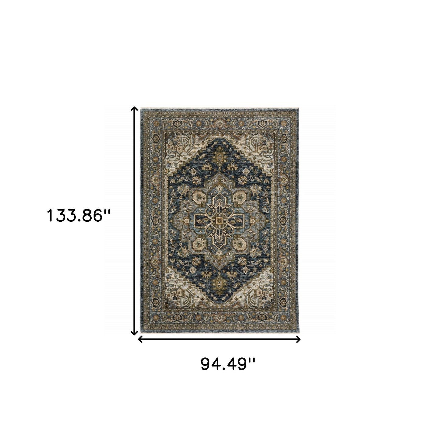 8' X 11' Blue Taupe Grey Green Rust Tan Beige And Gold Oriental Power Loom Stain Resistant Area Rug With Fringe