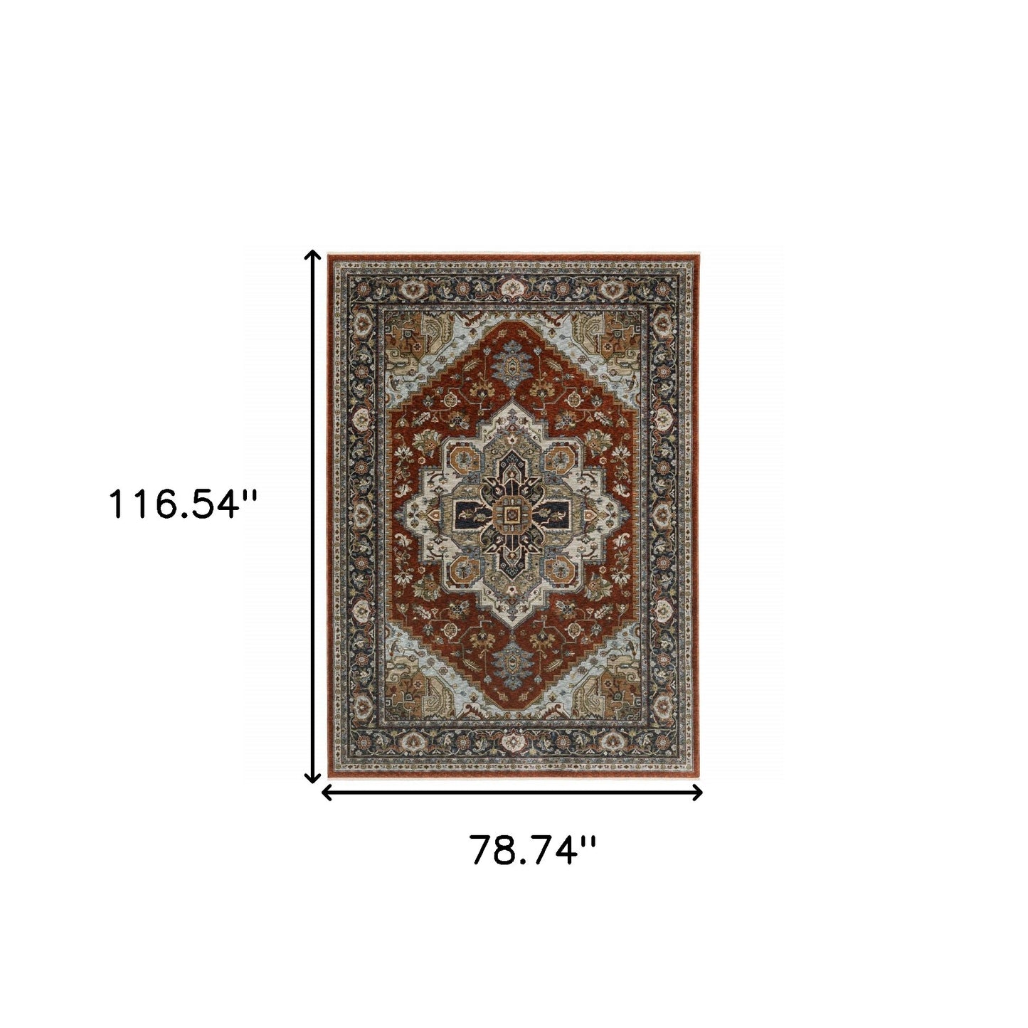 6' X 9' Blue Beige Grey Gold Green And Rust Red Oriental Power Loom Stain Resistant Area Rug With Fringe