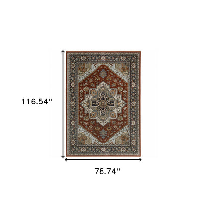 6' X 9' Blue Beige Grey Gold Green And Rust Red Oriental Power Loom Stain Resistant Area Rug With Fringe