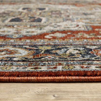 10' X 13' Blue Beige Grey Gold Green And Rust Red Oriental Power Loom Stain Resistant Area Rug With Fringe