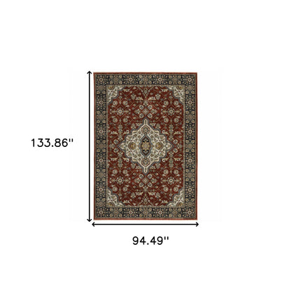 8' X 11' Red Ivory Blue Navy Gold And Grey Oriental Power Loom Stain Resistant Area Rug With Fringe