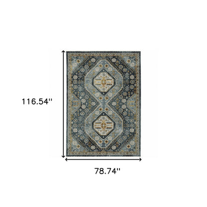 6' X 9' Blue Gold Ivory And Navy Oriental Power Loom Stain Resistant Area Rug With Fringe