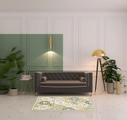 4' X 6' Blue Green Gold Navy And Ivory Geometric Tufted Handmade Stain Resistant Area Rug