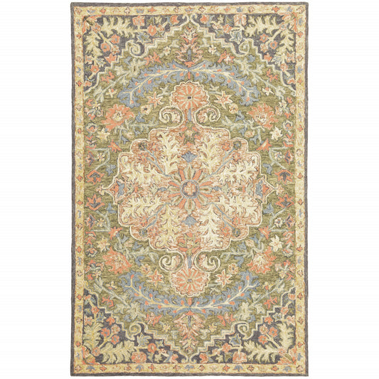 10' X 13' Blue Green Clay And Gold Oriental Tufted Handmade Stain Resistant Area Rug