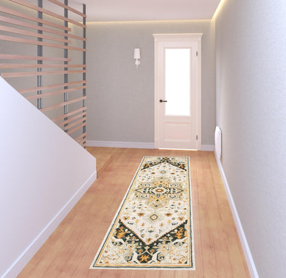 8' Ivory and Black Oriental Handmade Runner Rug