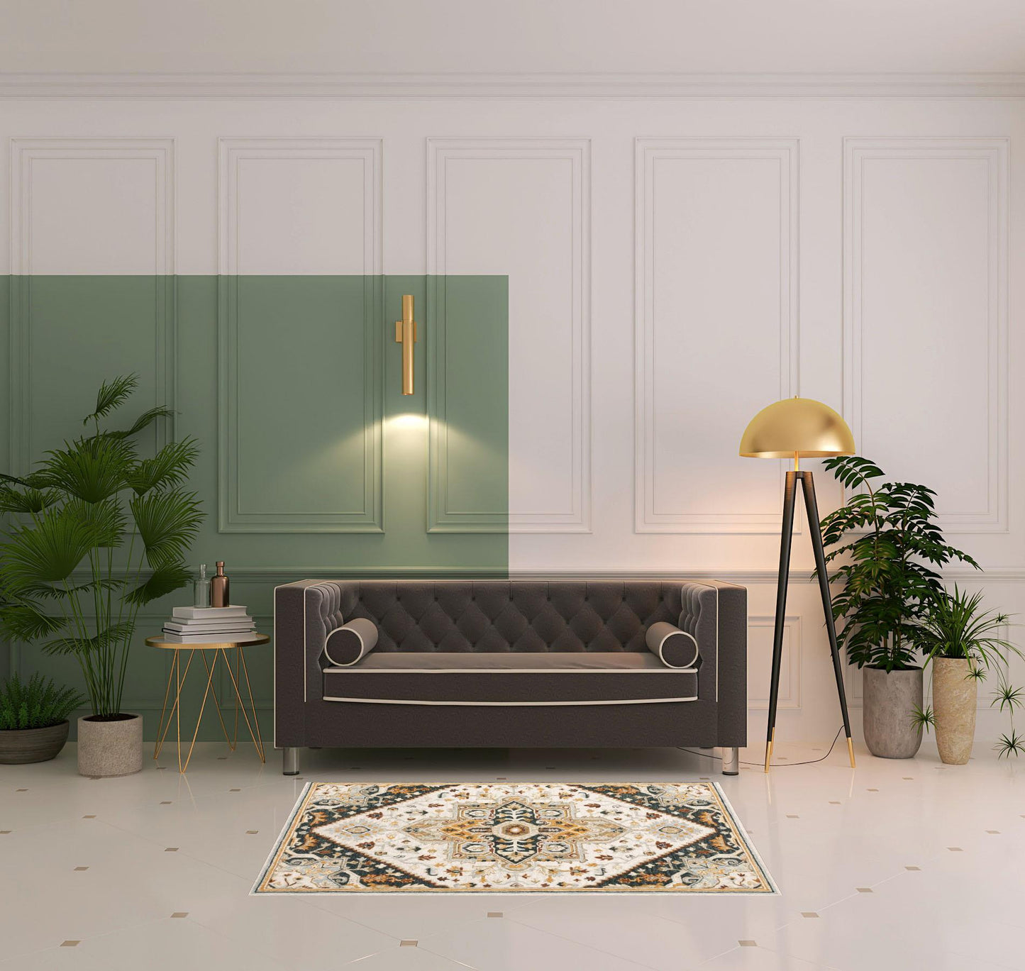 4' X 6' Ivory Charcoal Gold Clay And Muted Blue Oriental Tufted Handmade Stain Resistant Area Rug