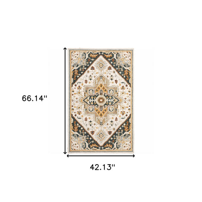 4' X 6' Ivory Charcoal Gold Clay And Muted Blue Oriental Tufted Handmade Stain Resistant Area Rug