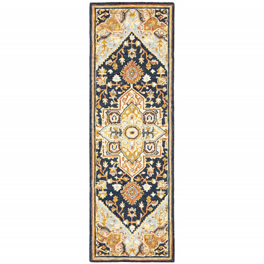 2' X 8' Navy Rust Blue Ivory And Gold Oriental Tufted Handmade Stain Resistant Runner Rug